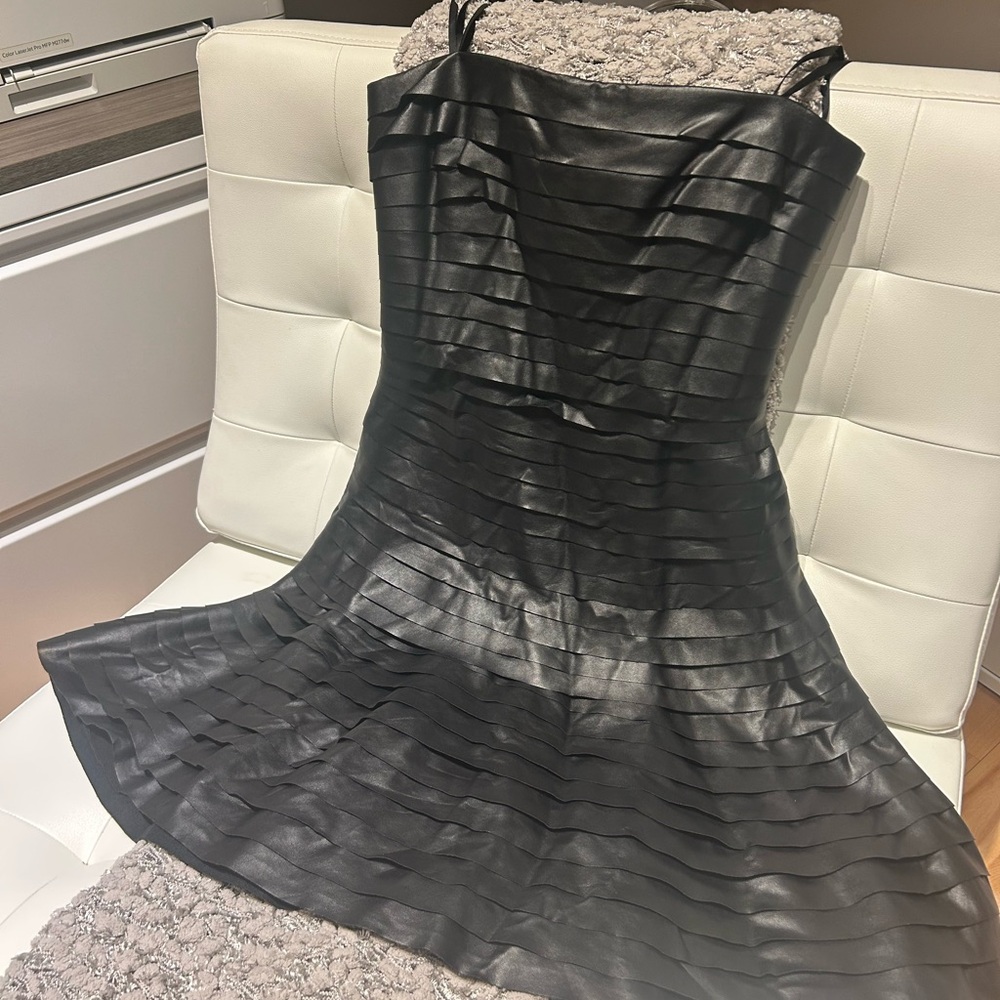BCBGMaxAzria Harley Black Faux Leather Pleated A-Line Dress 6 NWT